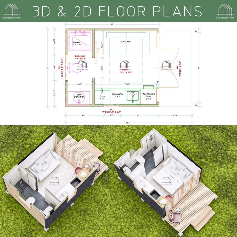Tiny House Plan 10x12, Cabin DIY, Small House Plans, 1 Bedroom Cottage ...