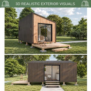 May include: A 3D rendering of a modern cabin with dark vertical wood siding and light wood accents. The structure features a sliding glass door, a wooden deck, and a slanted roof. The text 3D REALISTIC EXTERIOR VISUALS and CABIN HOUSE PLANS is visible.