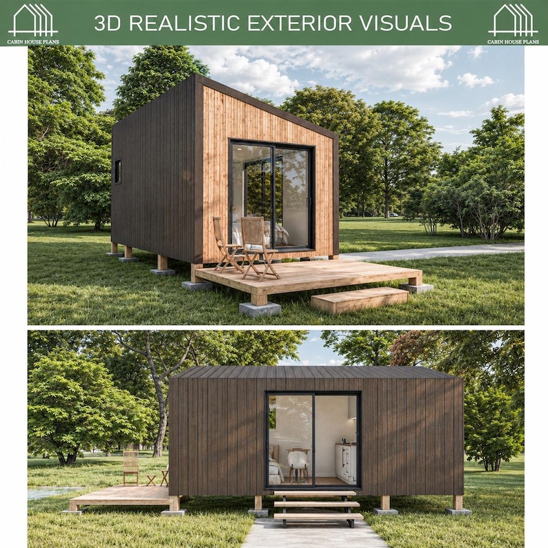 May include: A 3D rendering of a modern cabin with dark vertical wood siding and light wood accents. The structure features a sliding glass door, a wooden deck, and a slanted roof. The text 3D REALISTIC EXTERIOR VISUALS and CABIN HOUSE PLANS is visible.