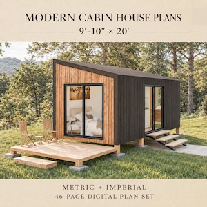 May include: Modern cabin house plans for a 9'-10" x 20' structure. The digital plan set includes 46 pages. The design features a shed roof, dark vertical siding, natural wood accents, large glass sliding doors, and an attached wooden deck.