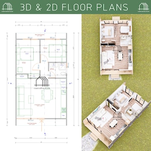 以下が含まれることがあります： キャビンハウスの3Dと2Dのフロアプラン。2Dプランは、リビングルーム、キッチン、寝室2室、バスルームなど、部屋のレイアウトを示しています。3Dプランは、家具や装飾品を備えた、より現実的なキャビンのビューを示しています。