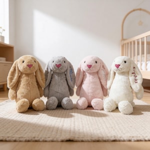 May include: Four plush bunny rabbits in tan, gray, pink, and white. Each bunny has long floppy ears, a pink heart-shaped nose, and embroidered names on the ears. They are sitting on a cream-colored rug.