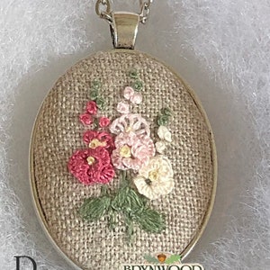 Embroidered Floral Pendant, Embroidered Flower Necklace, Embroidered Floral Necklace, Dandelion, Queen Anne's Lace, Hollyhocks, Clover image 7