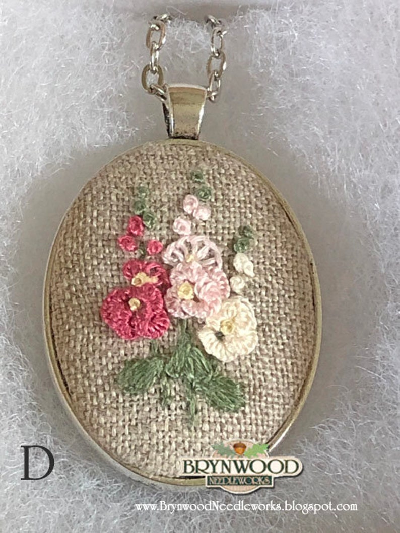 Embroidered Floral Pendant, Embroidered Flower Necklace, Embroidered Floral Necklace, Dandelion, Queen Anne's Lace, Hollyhocks, Clover image 7