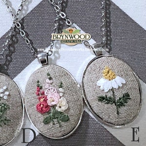 Embroidered Floral Pendant, Embroidered Flower Necklace, Embroidered Floral Necklace, Dandelion, Queen Anne's Lace, Hollyhocks, Clover image 3