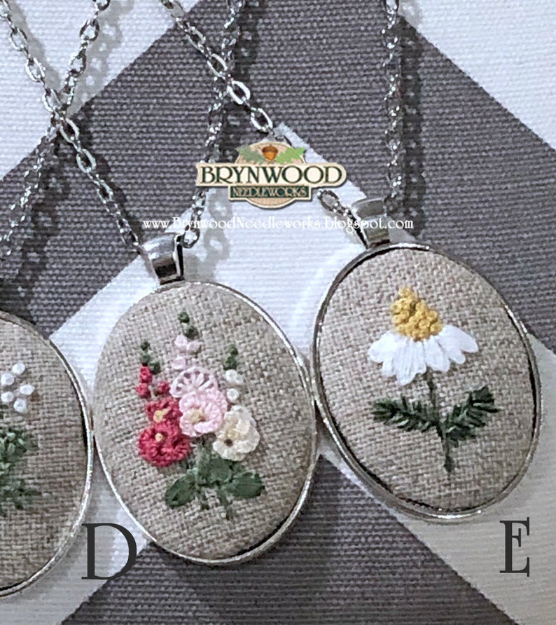 Embroidered Floral Pendant, Embroidered Flower Necklace, Embroidered Floral Necklace, Dandelion, Queen Anne's Lace, Hollyhocks, Clover image 3