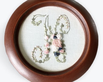 Wedding Monogram, Framed Monogram, Hand Embroidered Monogram, Floral Embroidery, Embroidered Monogram, Floral Monogram, Baby Monogram