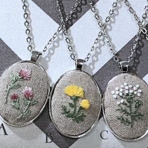 Embroidered Floral Pendant, Embroidered Flower Necklace, Embroidered Floral Necklace, Dandelion, Queen Anne's Lace, Hollyhocks, Clover image 2