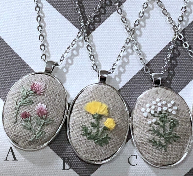 Embroidered Floral Pendant, Embroidered Flower Necklace, Embroidered Floral Necklace, Dandelion, Queen Anne's Lace, Hollyhocks, Clover image 2