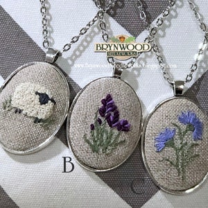 Embroidered Floral Pendant, Embroidered Flower Necklace, Embroidered Sheep Necklace, Flowers, Coneflower, Daisy, Lavender, Lilac, Chickory image 2