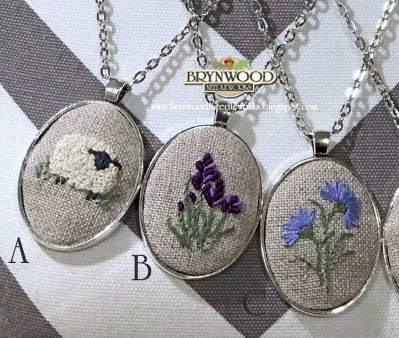 Embroidered Floral Pendant, Embroidered Flower Necklace, Embroidered Sheep Necklace, Flowers, Coneflower, Daisy, Lavender, Lilac, Chickory image 2