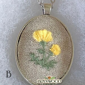 Embroidered Floral Pendant, Embroidered Flower Necklace, Embroidered Floral Necklace, Dandelion, Queen Anne's Lace, Hollyhocks, Clover image 5