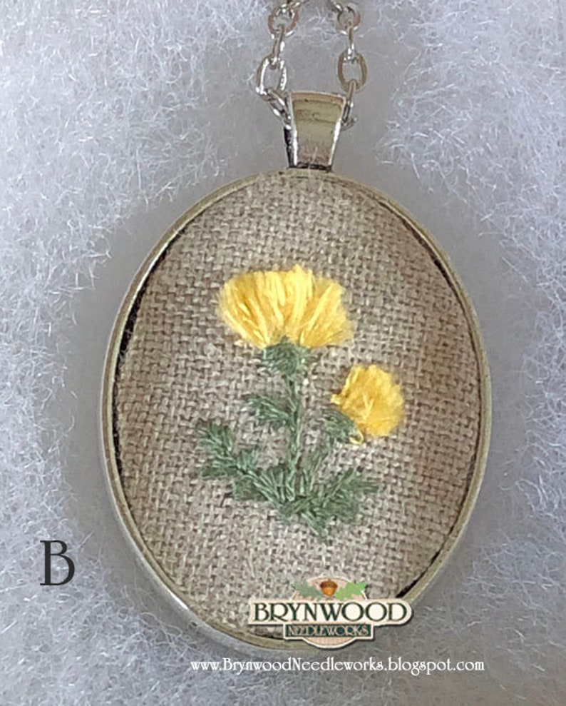 Embroidered Floral Pendant, Embroidered Flower Necklace, Embroidered Floral Necklace, Dandelion, Queen Anne's Lace, Hollyhocks, Clover image 5