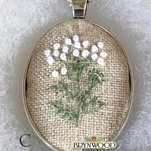 Embroidered Floral Pendant, Embroidered Flower Necklace, Embroidered Floral Necklace, Dandelion, Queen Anne's Lace, Hollyhocks, Clover image 6