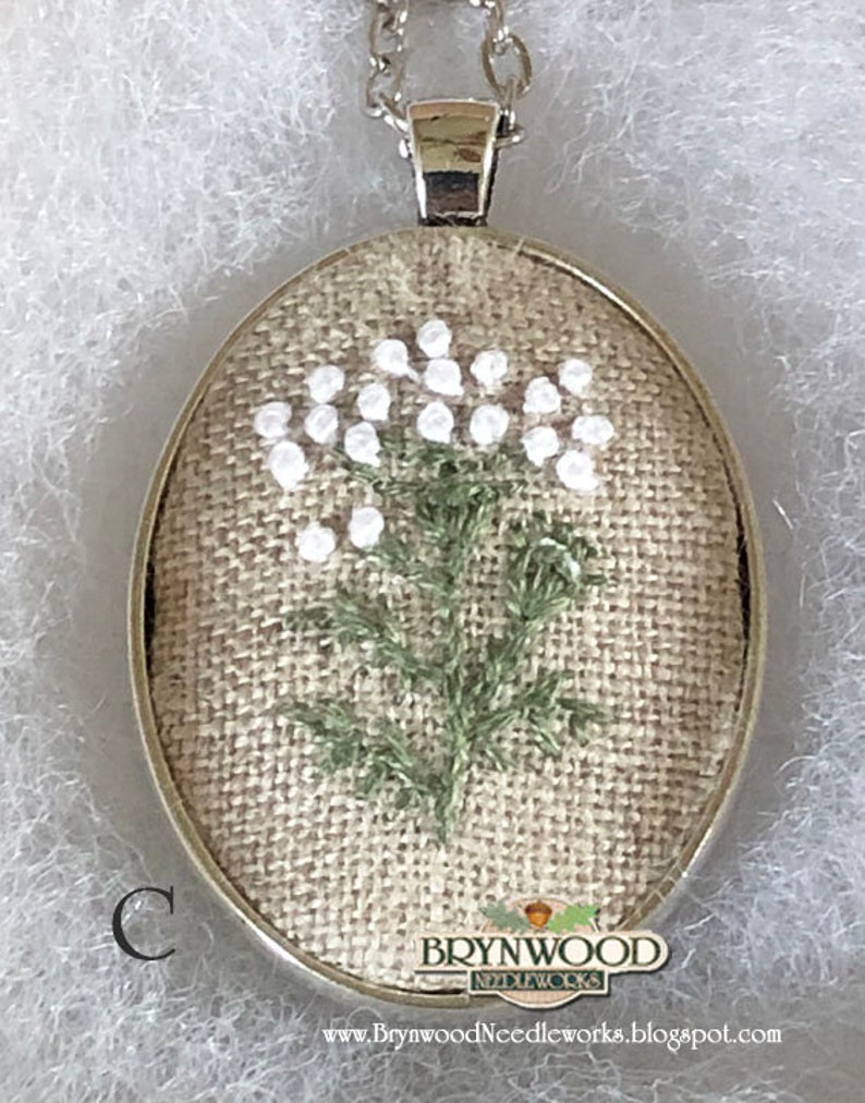 Embroidered Floral Pendant, Embroidered Flower Necklace, Embroidered Floral Necklace, Dandelion, Queen Anne's Lace, Hollyhocks, Clover image 6