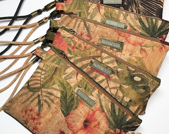 Cork Clutch, Cork Zipper Clutch, Floral Cork Wristlet, Cork Wristlet, Tropical Fabric Clutch