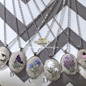 Embroidered Floral Pendant, Embroidered Flower Necklace, Embroidered Sheep Necklace, Flowers, Coneflower, Daisy, Lavender, Lilac, Chickory image 1