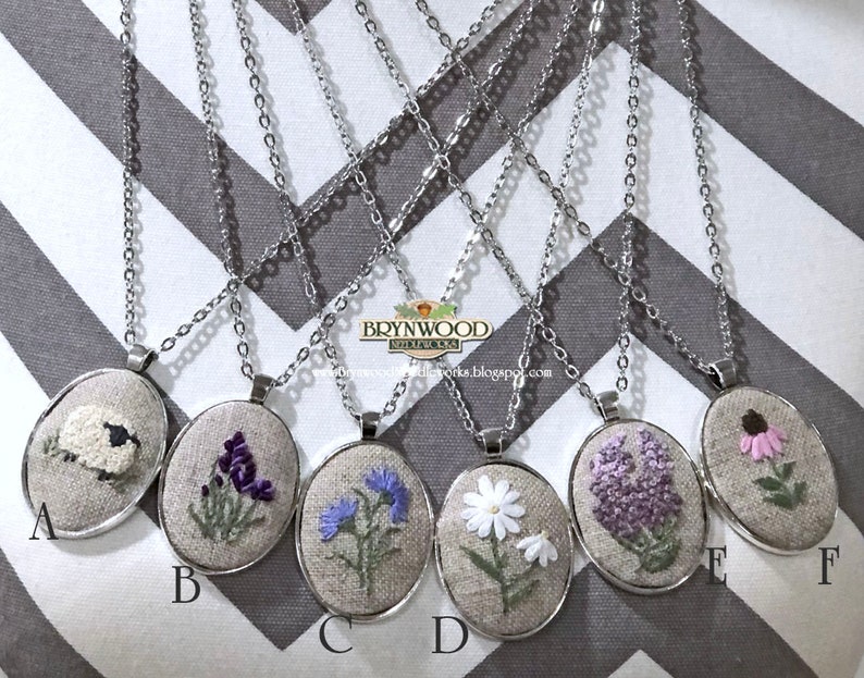 Embroidered Floral Pendant, Embroidered Flower Necklace, Embroidered Sheep Necklace, Flowers, Coneflower, Daisy, Lavender, Lilac, Chickory image 1