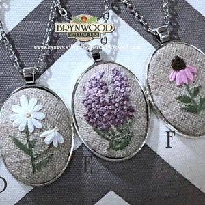 Embroidered Floral Pendant, Embroidered Flower Necklace, Embroidered Sheep Necklace, Flowers, Coneflower, Daisy, Lavender, Lilac, Chickory image 3