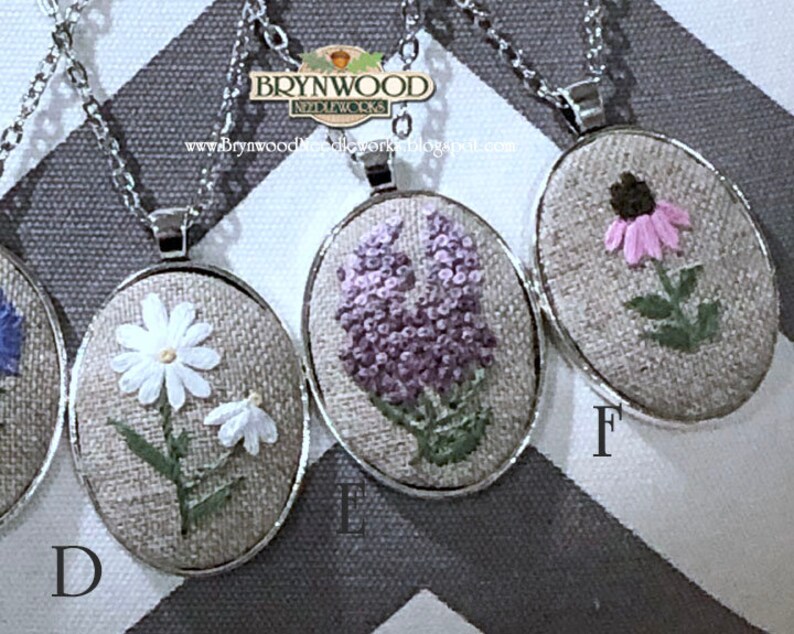 Embroidered Floral Pendant, Embroidered Flower Necklace, Embroidered Sheep Necklace, Flowers, Coneflower, Daisy, Lavender, Lilac, Chickory image 3