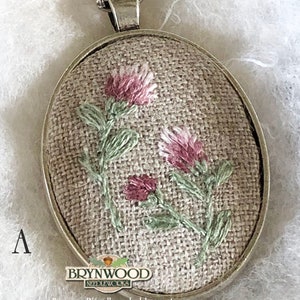 Embroidered Floral Pendant, Embroidered Flower Necklace, Embroidered Floral Necklace, Dandelion, Queen Anne's Lace, Hollyhocks, Clover image 4