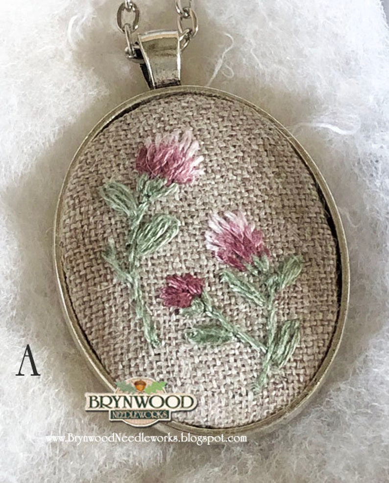 Embroidered Floral Pendant, Embroidered Flower Necklace, Embroidered Floral Necklace, Dandelion, Queen Anne's Lace, Hollyhocks, Clover image 4