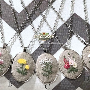 Embroidered Floral Pendant, Embroidered Flower Necklace, Embroidered Floral Necklace, Dandelion, Queen Anne's Lace, Hollyhocks, Clover image 1