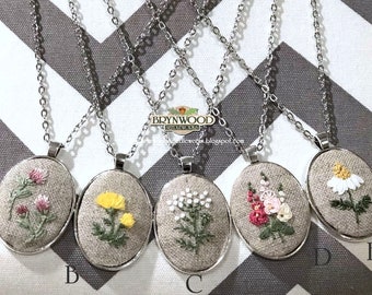 Embroidered Floral Pendant, Embroidered Flower Necklace, Embroidered Floral Necklace, Dandelion, Queen Anne's Lace, Hollyhocks, Clover