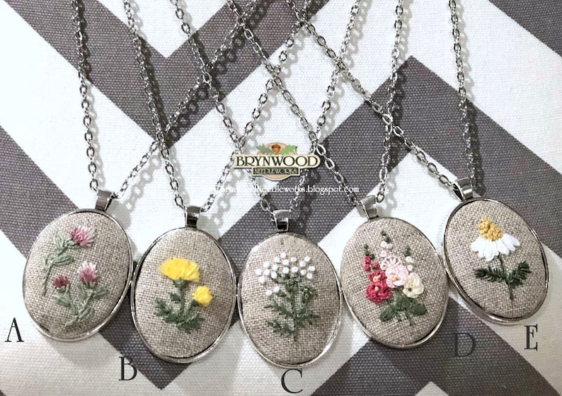 Embroidered Floral Pendant, Embroidered Flower Necklace, Embroidered Floral Necklace, Dandelion, Queen Anne's Lace, Hollyhocks, Clover image 1