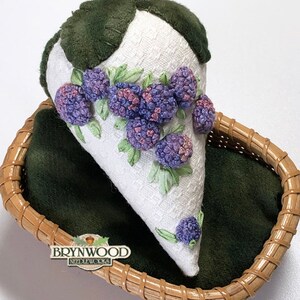Sachet - &quot;Hydrangeas&quot;, Strawberry Sachet, Ribbon Embroidered, Stumpwork, Hand Embroidered, Pincushion, Stitchery, Strawberry Pincushion