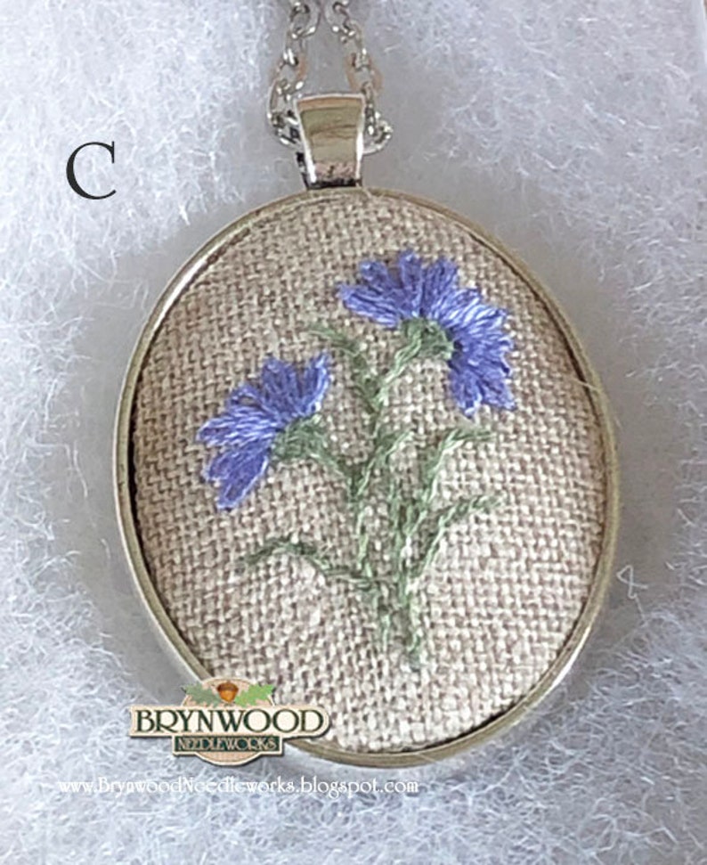 Embroidered Floral Pendant, Embroidered Flower Necklace, Embroidered Sheep Necklace, Flowers, Coneflower, Daisy, Lavender, Lilac, Chickory image 6