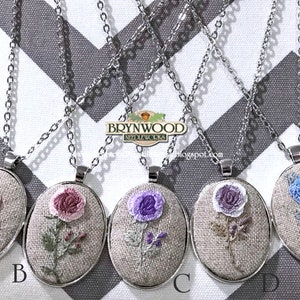 Embroidered Flower Necklace, Embroidered Floral Pendant, Embroidered Floral Necklace, Embroidered Rose Necklace, Flower Necklace
