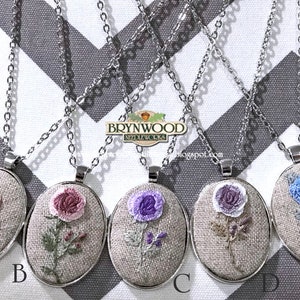 Embroidered Flower Necklace, Embroidered Floral Pendant, Embroidered Floral Necklace, Embroidered Rose Necklace, Flower Necklace image 1