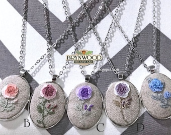 Embroidered Flower Necklace, Embroidered Floral Pendant, Embroidered Floral Necklace, Embroidered Rose Necklace, Flower Necklace