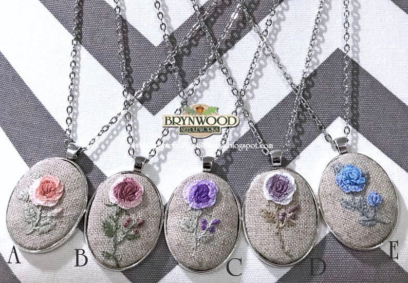 Embroidered Flower Necklace, Embroidered Floral Pendant, Embroidered Floral Necklace, Embroidered Rose Necklace, Flower Necklace image 1