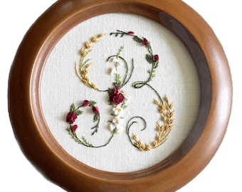 Hand Embroidered Initial, Embroidered Initial, Floral Embroidery, Floral Initial, Framed Embroidery, Embroidered Monogram, Floral Monogram