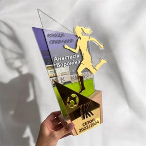 Female soccer trophy, Football trophy award, Acrylic trophy plaque, Custom trophy, Bright soccer award personalized