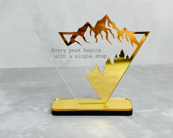 Personalized mountain award plaque, UV printed acrylic trophy, Mountain climbing decor, Desktop sign, Wood base, Gift for rock climber
