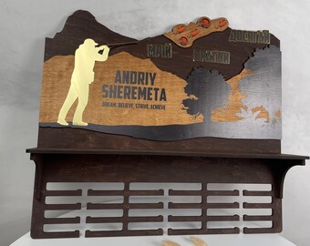 Custom shooting medal hanger with shelf, Shooting player medal holder, Wooden medal holder display, Trophy shelf, Wooden medal rack gift