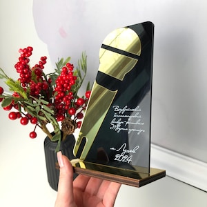 Gold microphone award trophy, Personalized trophy, Talent award, Black acrylic trophy plaque, Custom trophy