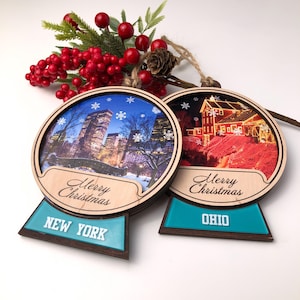 Christmas ornament with your city image Personalized round wooden acrylic Christmas tree decoration Custom family ornament Christmas gift
