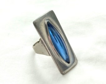 Vintage Jorgen Jensen Denmark Modernist Pewter Blue Glass Danish Modern Ring Adjustable Size 5 to 7