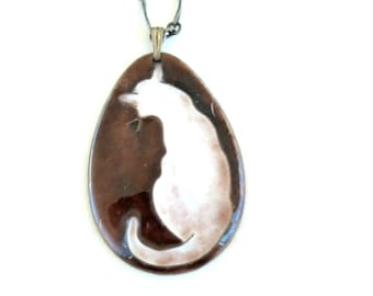 Large Vintage Copper Enamel Cat Pendant Necklace, Vintage Feline Copper Pendant, Copper Cat Necklace