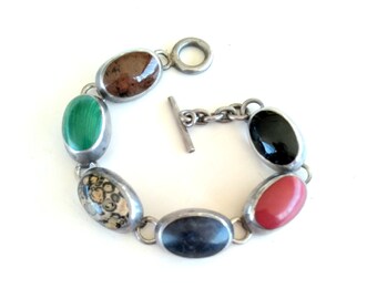 Chunky Vintage Taxco Mexico Mexican Sterling Silver Multi Gemstone Link Bracelet