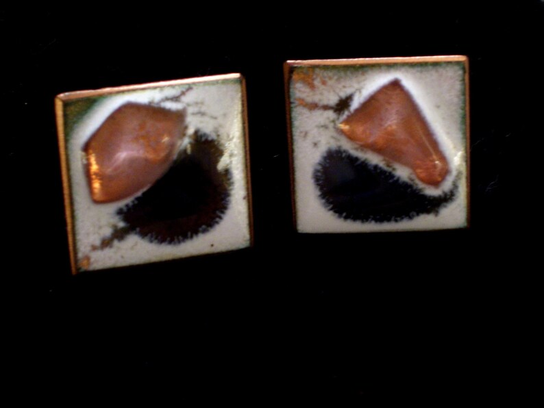 Vintage Copper Enamel Fused Glass Bubble Modernist Abstract Screwback Earrings Vintage Copper Denning Earrings Kay Denning Jewelry