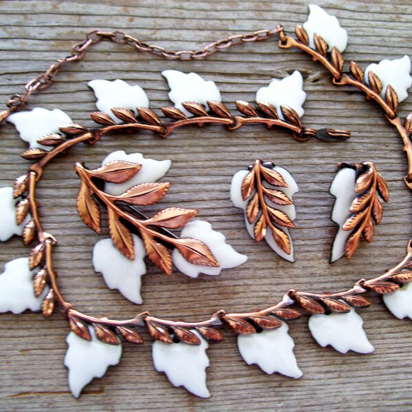 MATISSE RENOIR Jewelry, LAUREL Parure,  Leaf Jewelry, White Enamel Copper Necklace Pin Brooch Clip Earrings Set, Vintage Copper Jewelry