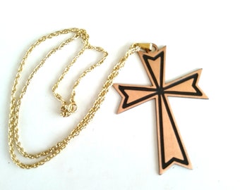 Huge Vintage Coppercraft Guild Copper Cross Pendant Necklace, Gold Plated Chain