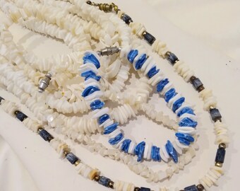 Vintage Hawaiian Puka Shell Necklace Bracelet Anklet Lot of 9 Pcs Beach Jewelry, Puka Chip Necklace, Puka Chip Bracelet, Blue White Set