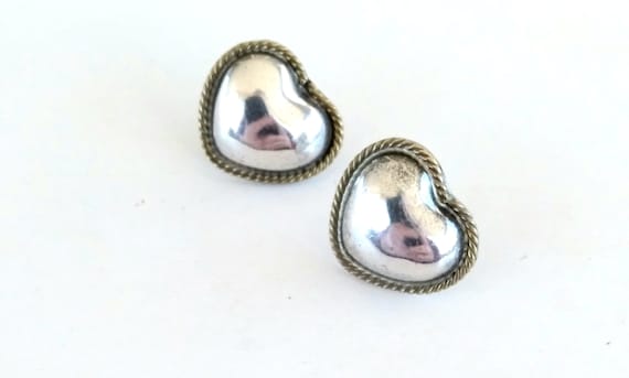 Vintage LATON Sterling Brass Heart Earrings, Lato… - image 1