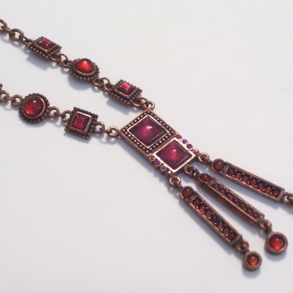 Vintage Art Deco Style Coppertone Faux Garnet and Rhinestone Pendant Necklace, Copper Plated Chain